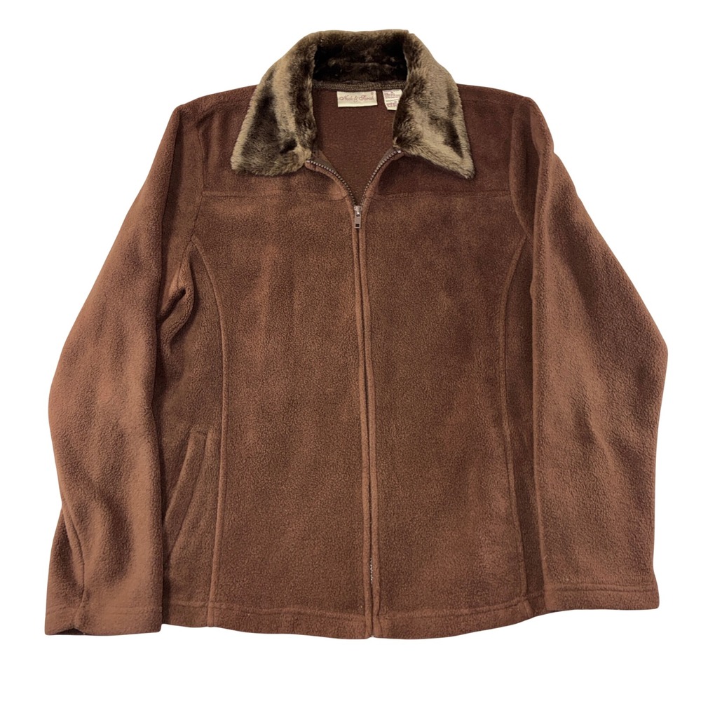 365 Nick & Sarah Fleece Jacket Size M Brown Faux Fur Collar Full Zip